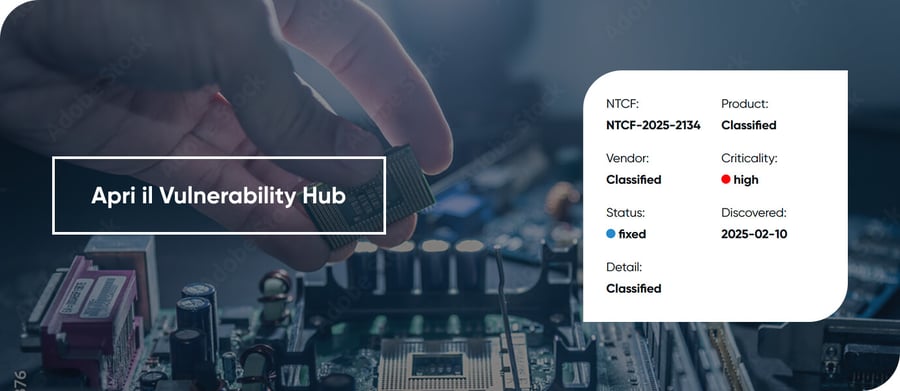 Banner dell'NTC Vulnerability Hub mostra un primo piano che lavora su una scheda hardware